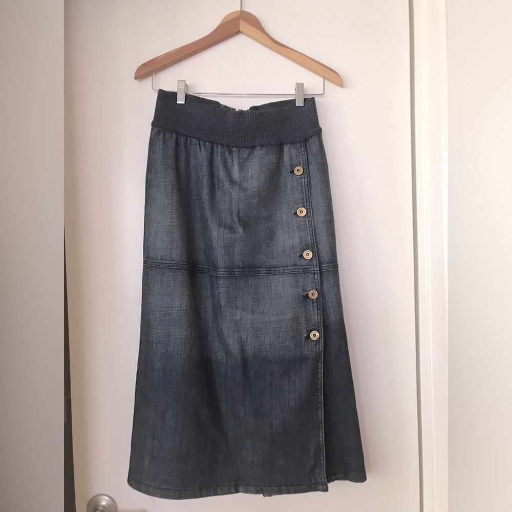 St. John Dark Blue Denim-Look Midi Skirt with Button Trim